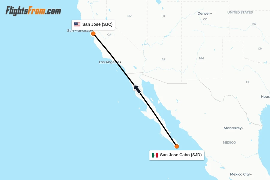 Flights from San Jose Cabo to San Jose route map
