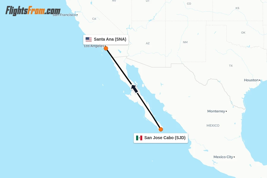 Flights from San Jose Cabo to Santa Ana route map