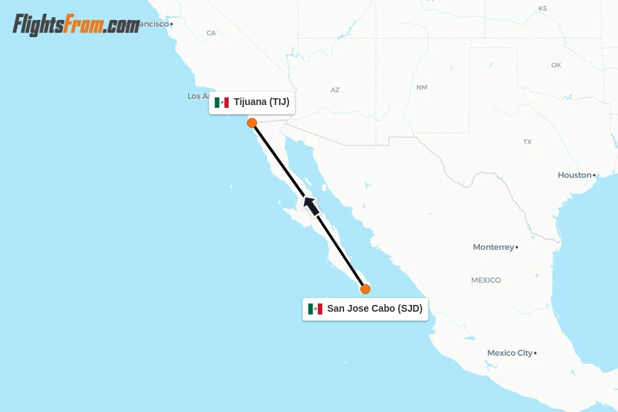 Flights from San Jose Cabo to Tijuana route map