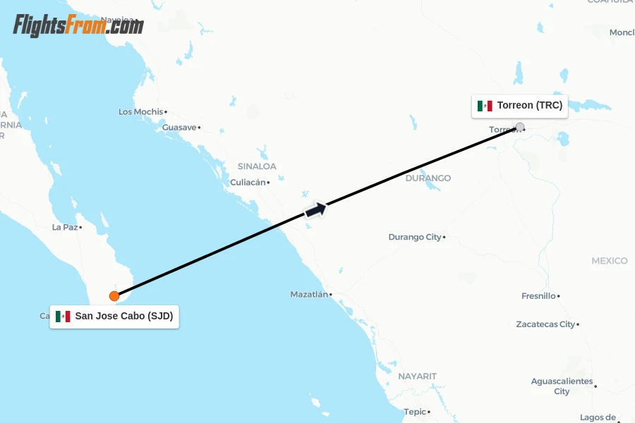 Flights from San Jose Cabo to Torreon route map