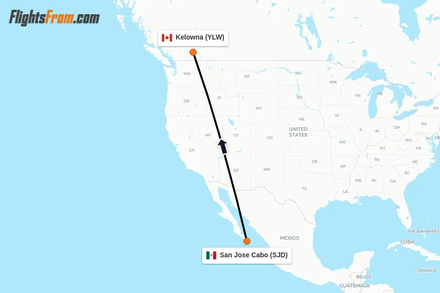 Flights from San Jose Cabo to Kelowna route map
