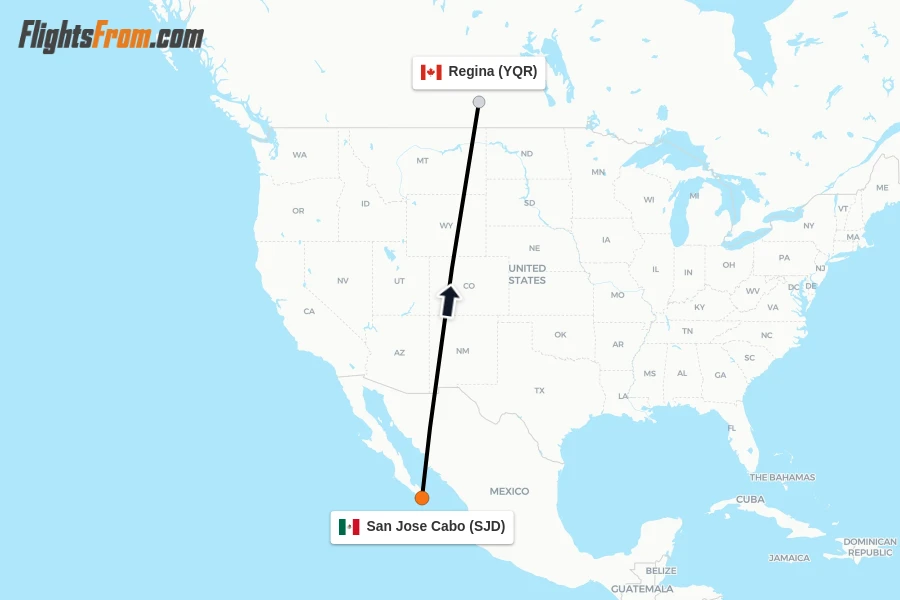 Flights from San Jose Cabo to Regina route map