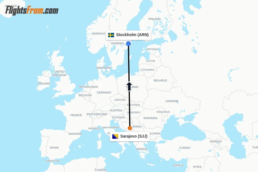 Flights from Sarajevo to Stockholm route map