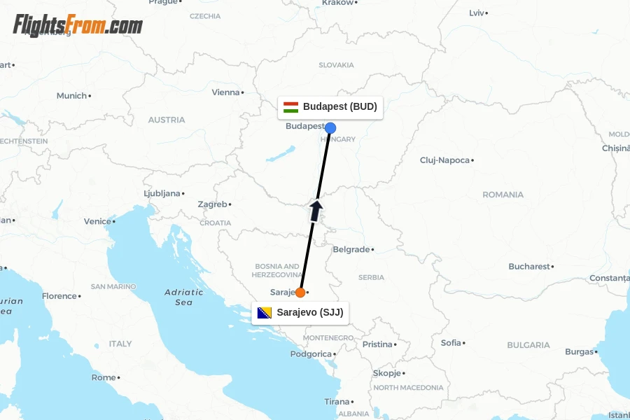 Flights from Sarajevo to Budapest route map