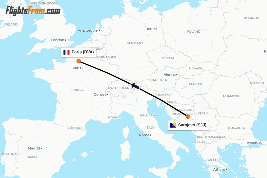 Flights from Sarajevo to Paris route map