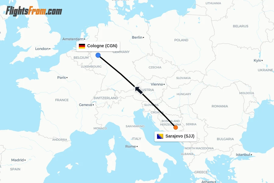 Flights from Sarajevo to Cologne route map