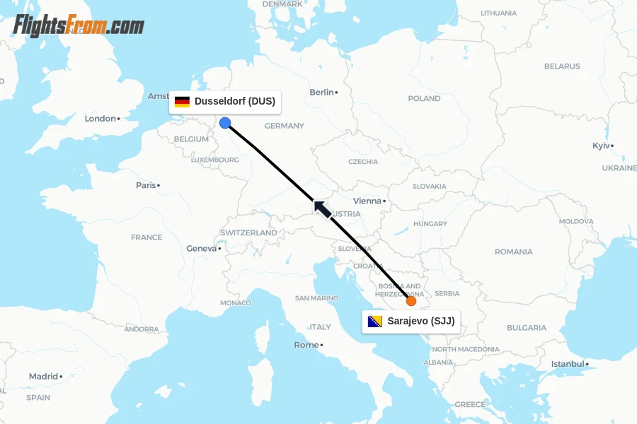 Flights from Sarajevo to Dusseldorf route map