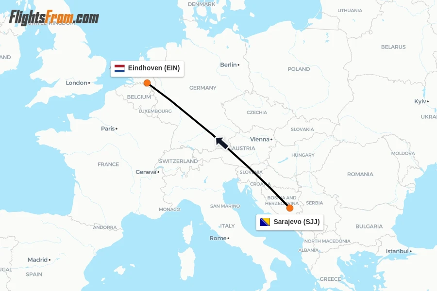 Flights from Sarajevo to Eindhoven route map