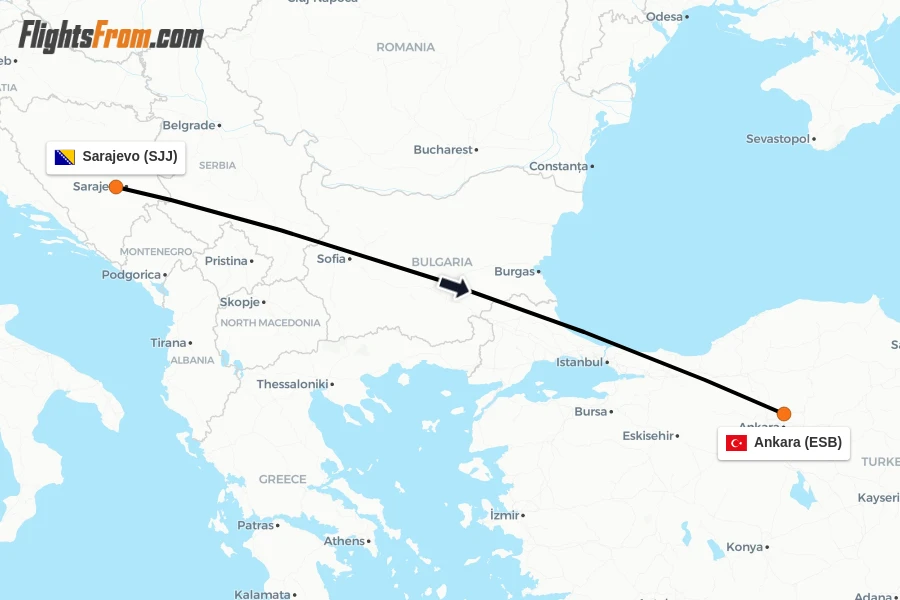 Flights from Sarajevo to Ankara route map