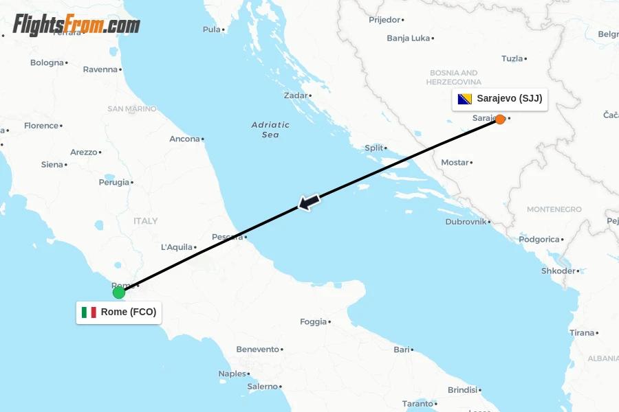 Flights from Sarajevo to Rome route map