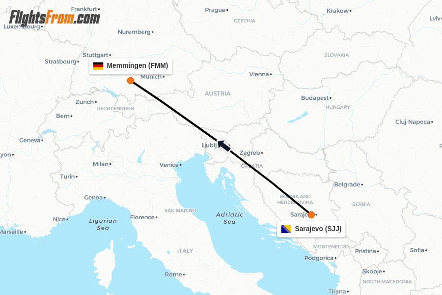 Flights from Sarajevo to Memmingen route map