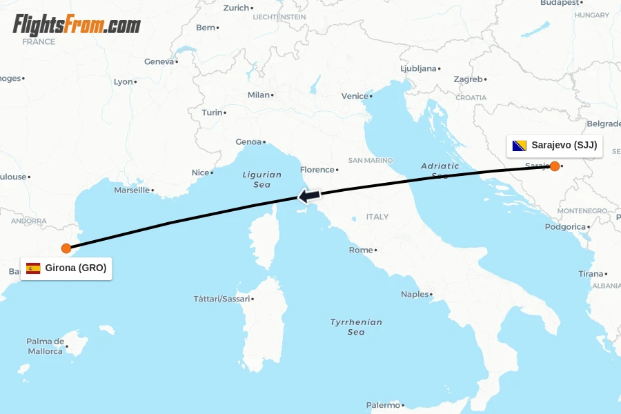 Flights from Sarajevo to Girona route map