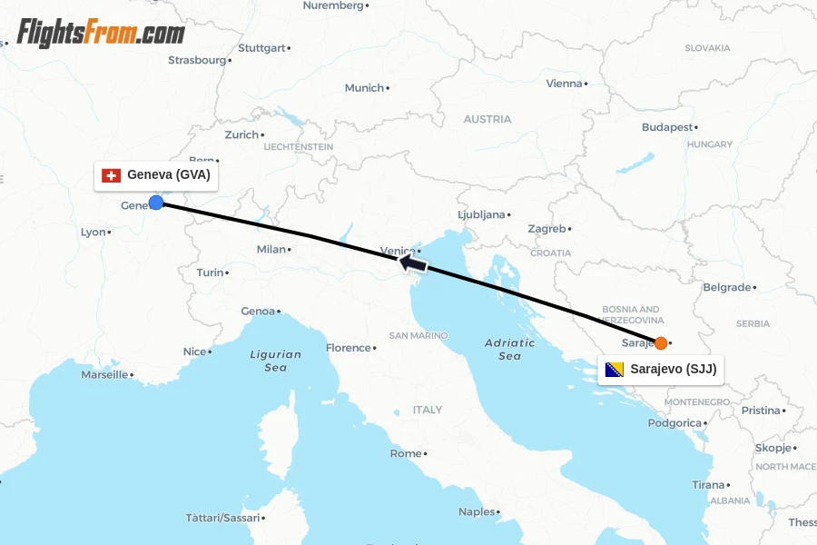 Flights from Sarajevo to Geneva route map