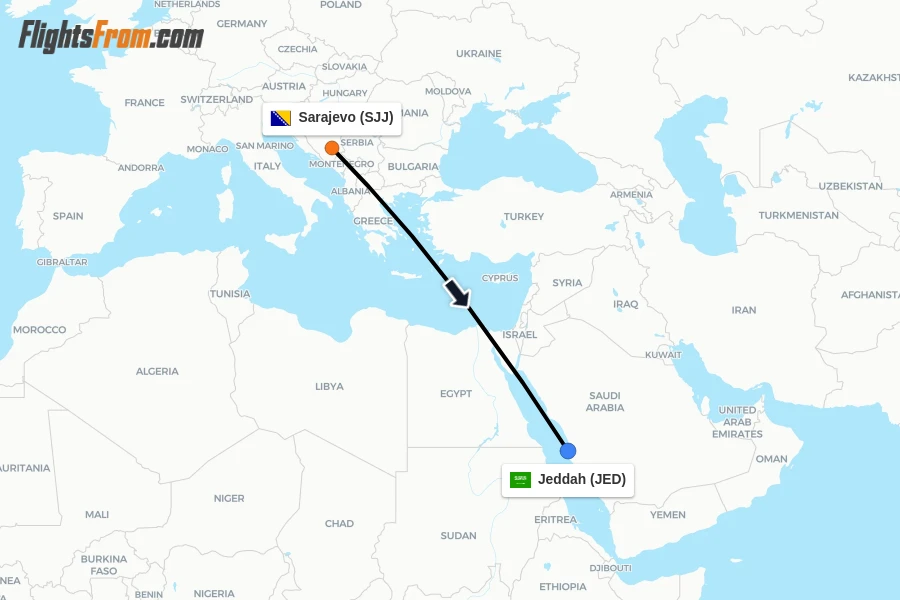 Flights from Sarajevo to Jeddah route map