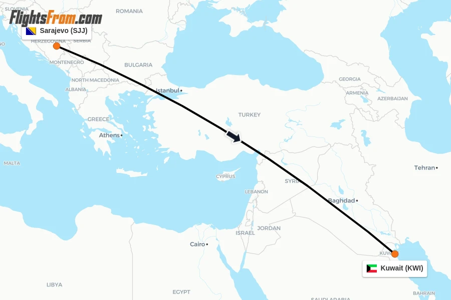 Flights from Sarajevo to Kuwait route map