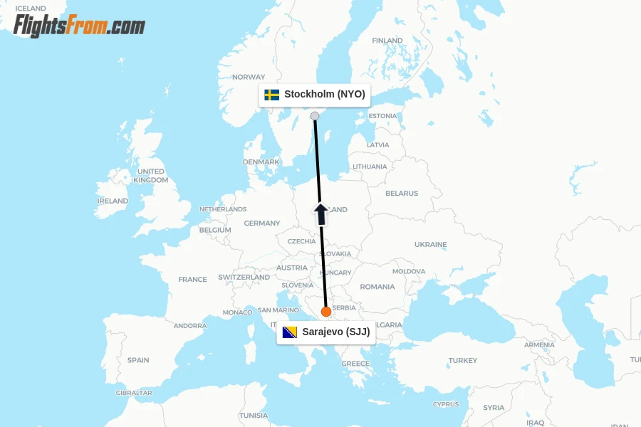 Flights from Sarajevo to Stockholm route map