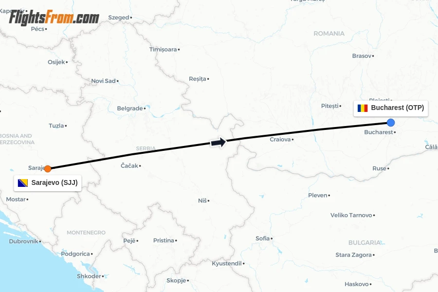 Flights from Sarajevo to Bucharest route map