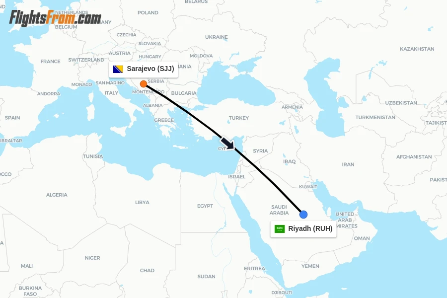 Flights from Sarajevo to Riyadh route map