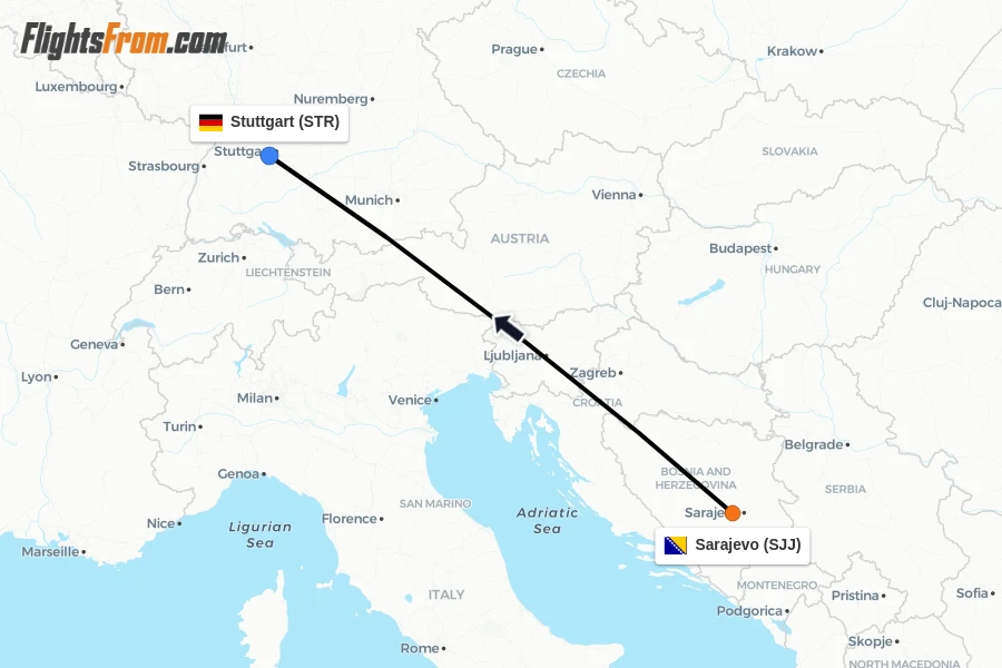 Flights from Sarajevo to Stuttgart route map