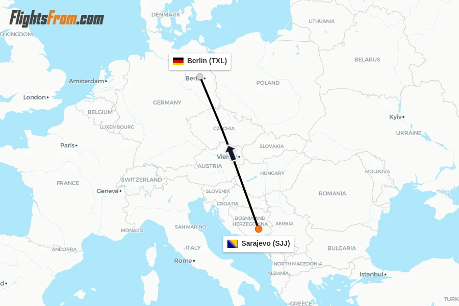 Flights from Sarajevo to Berlin route map