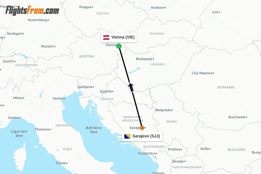 Flights from Sarajevo to Vienna route map