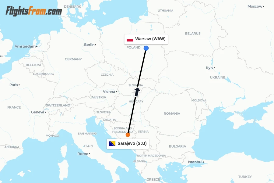 Flights from Sarajevo to Warsaw route map
