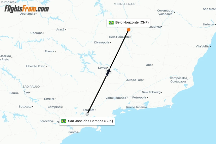 Flights from Sao Jose dos Campos to Belo Horizonte route map