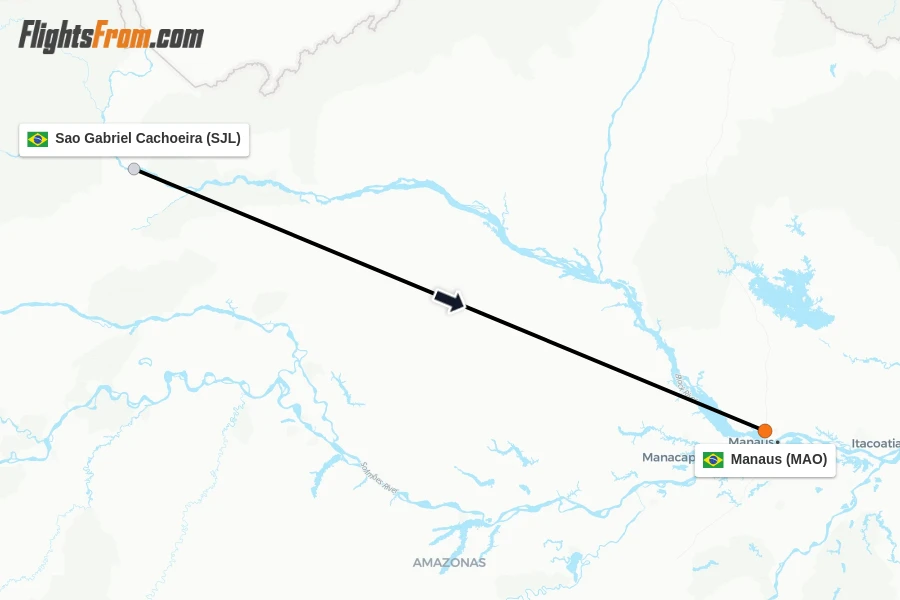 Flights from Sao Gabriel Cachoeira to Manaus route map