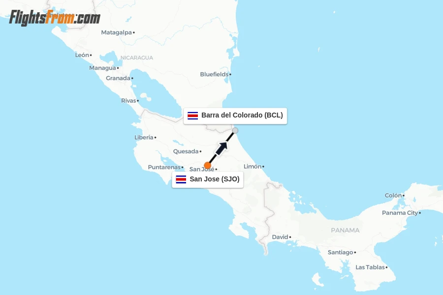 Flights from San Jose to Barra del Colorado route map