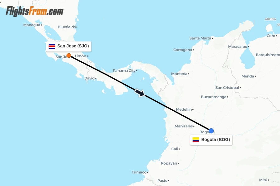 Flights from San Jose to Bogota route map