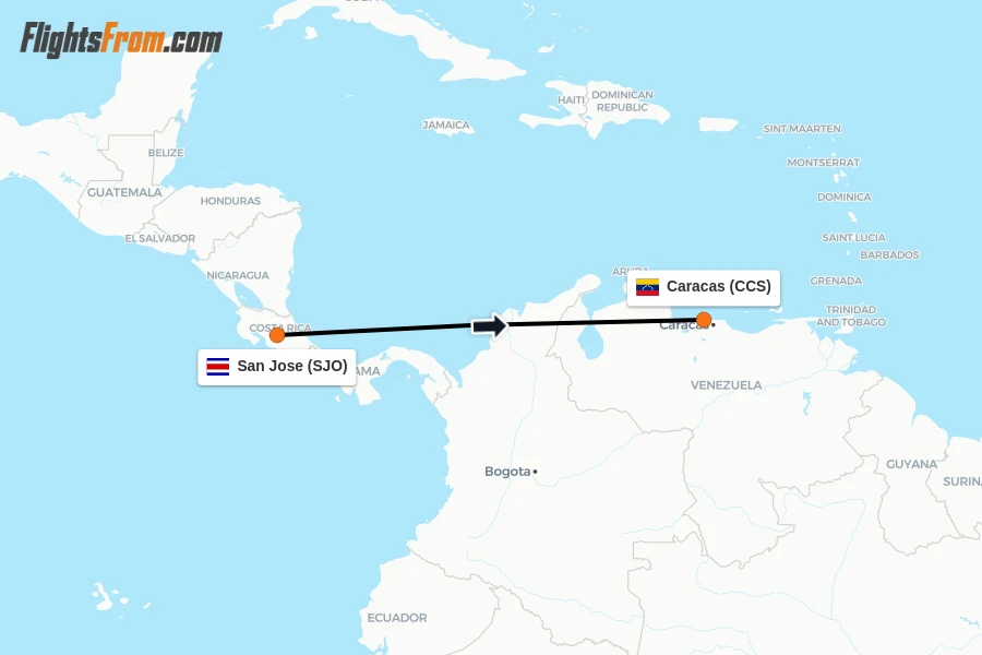 Flights from San Jose to Caracas route map