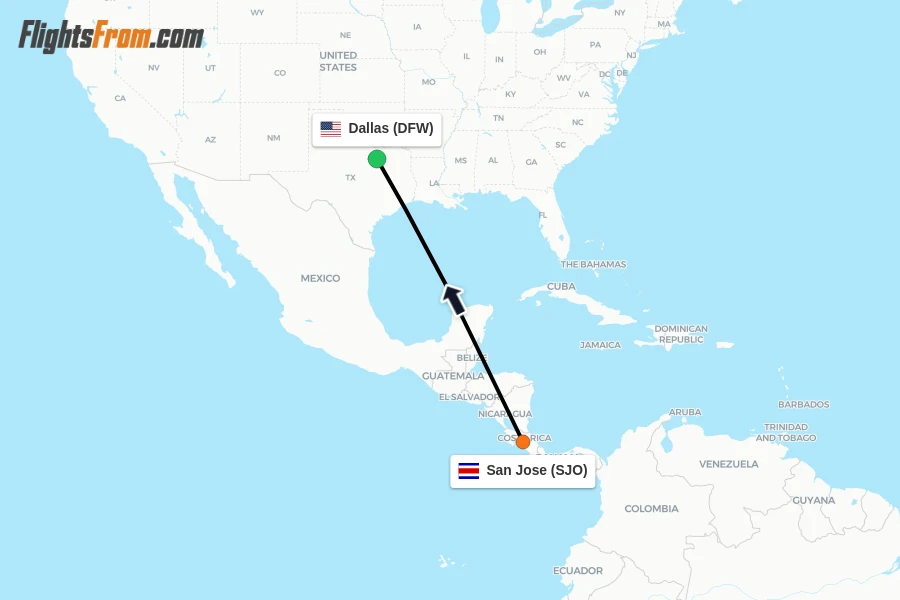 Flights from San Jose to Dallas route map