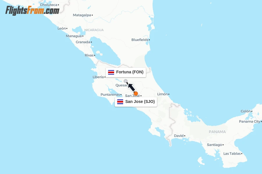 Flights from San Jose to Fortuna route map