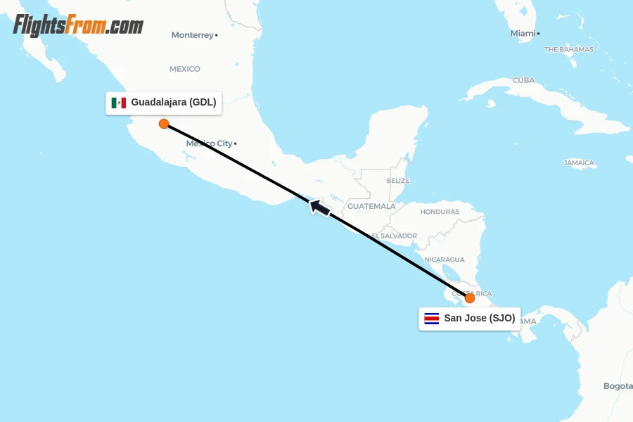 Flights from San Jose to Guadalajara route map