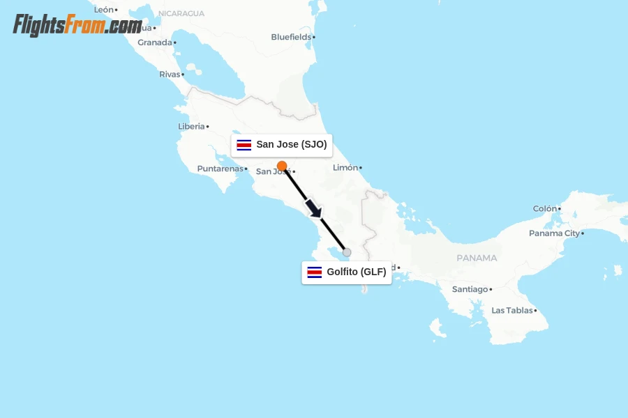 Flights from San Jose to Golfito route map