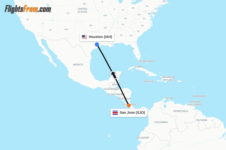 Flights from San Jose to Houston route map