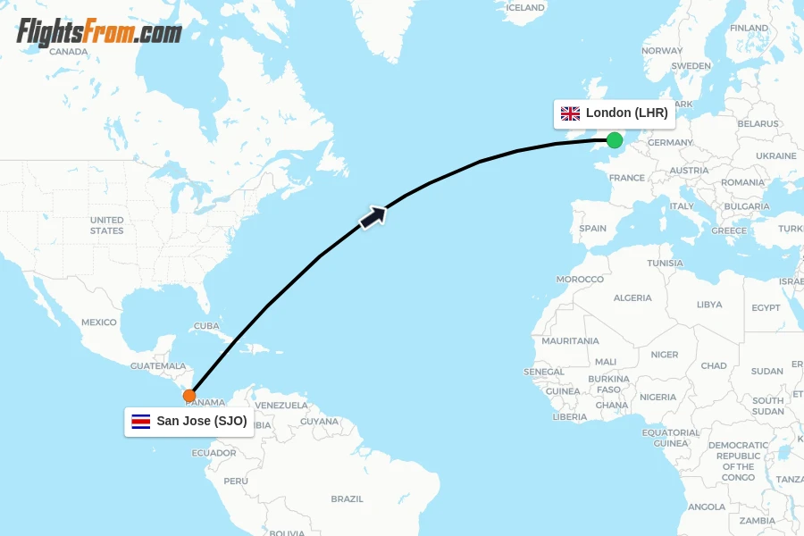 Flights from San Jose to London route map
