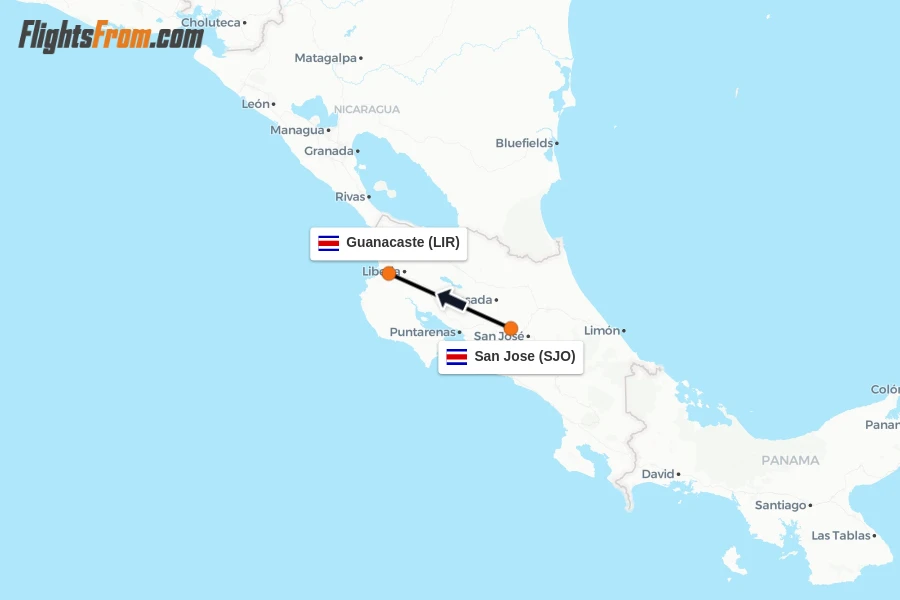 Flights from San Jose to Guanacaste route map