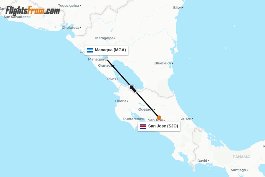 Flights from San Jose to Managua route map