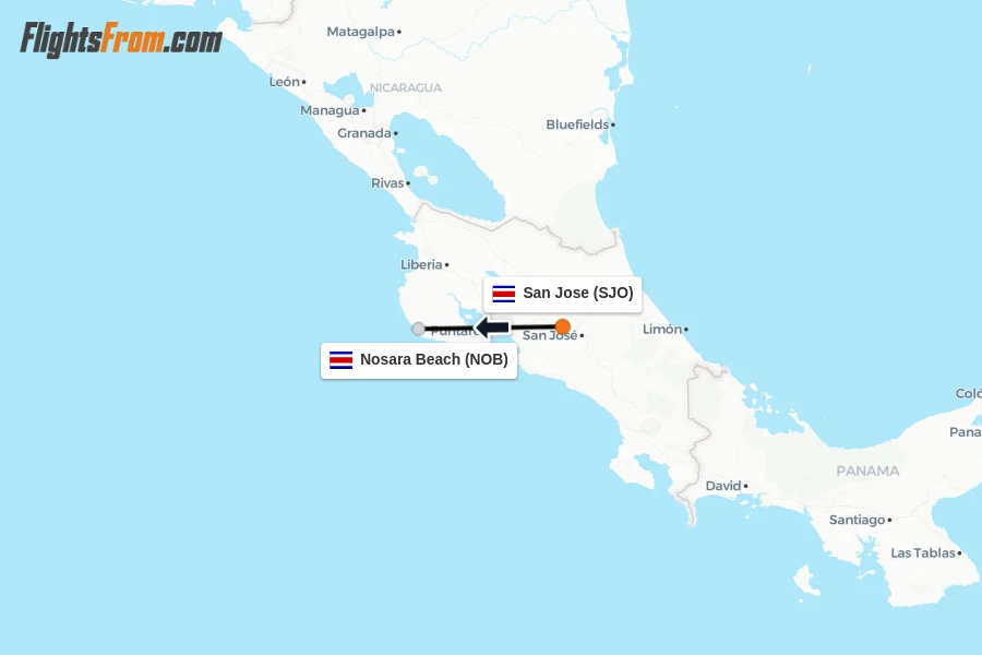 Flights from San Jose to Nosara Beach route map