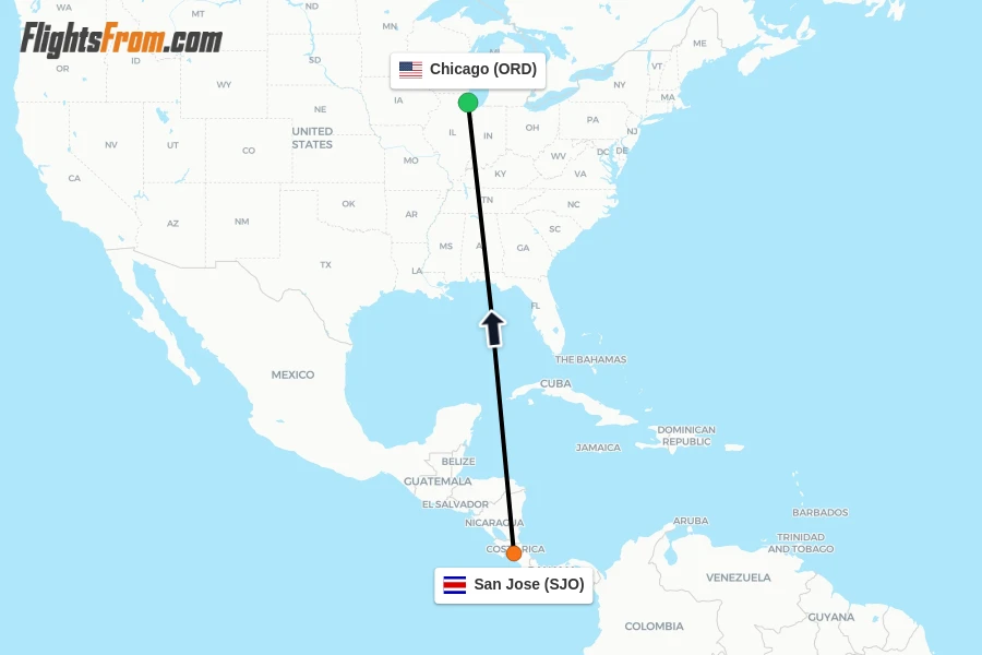 Flights from San Jose to Chicago route map