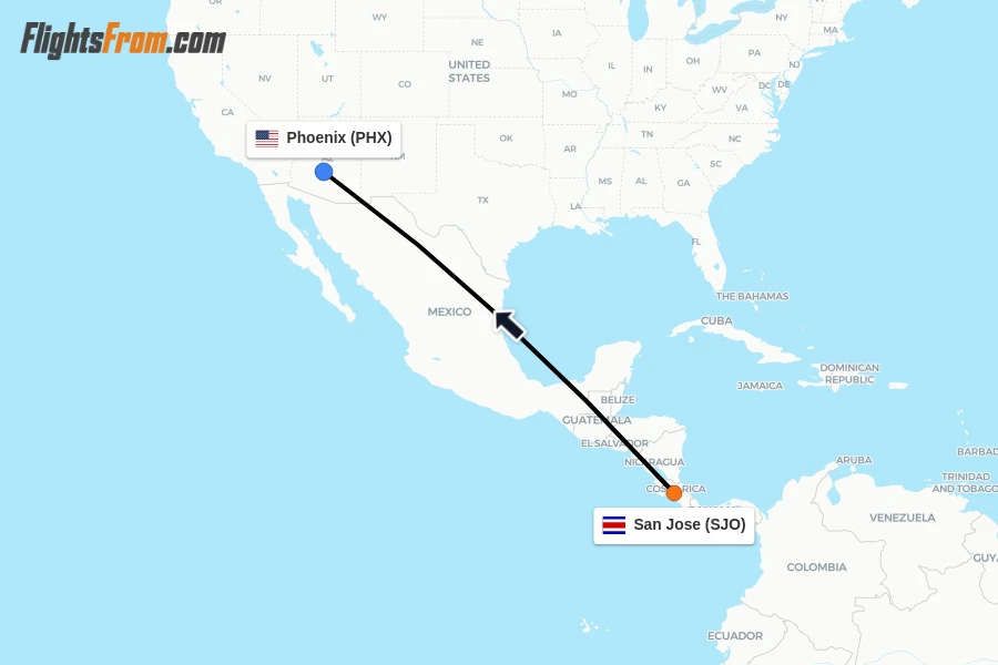 Flights from San Jose to Phoenix route map