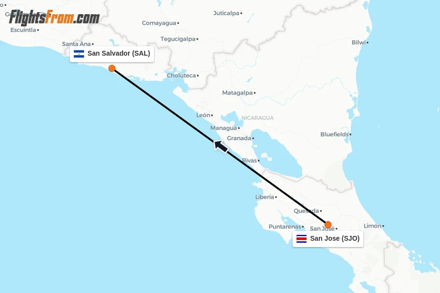 Flights from San Jose to San Salvador route map