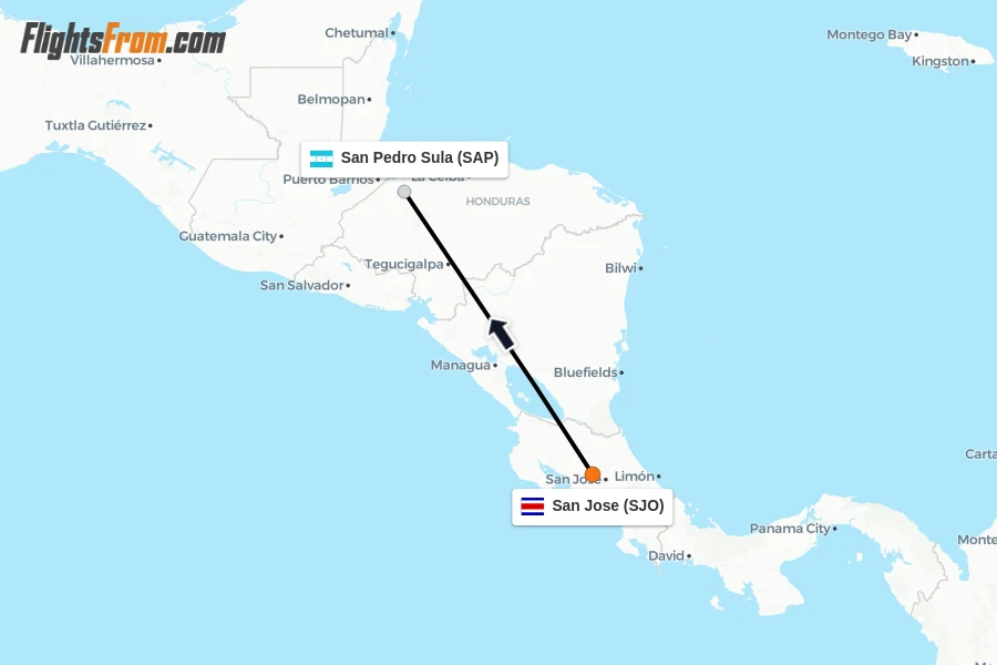Flights from San Jose to San Pedro Sula route map