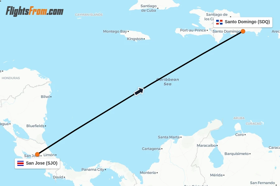 Flights from San Jose to Santo Domingo route map