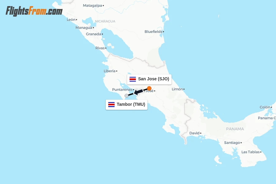 Flights from San Jose to Tambor route map