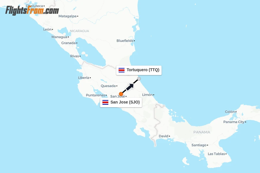 Flights from San Jose to Tortuquero route map