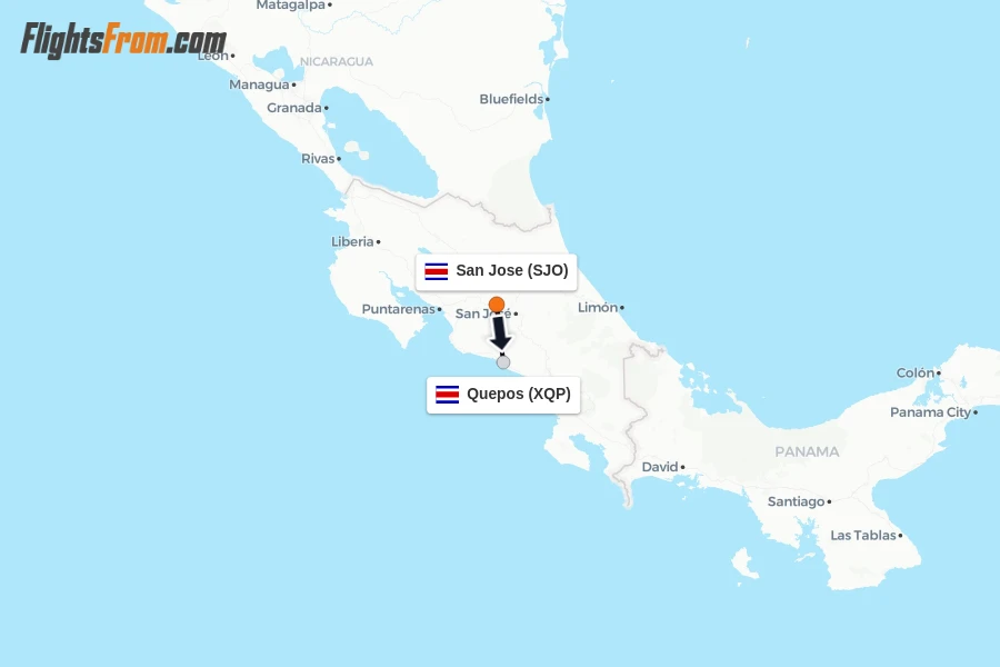 Flights from San Jose to Quepos route map