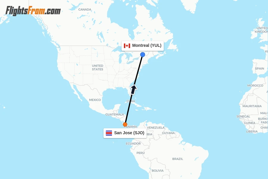 Flights from San Jose to Montreal route map