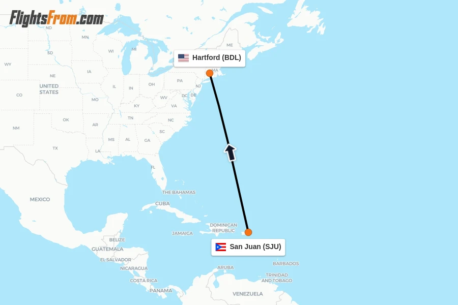 Flights from San Juan to Hartford route map